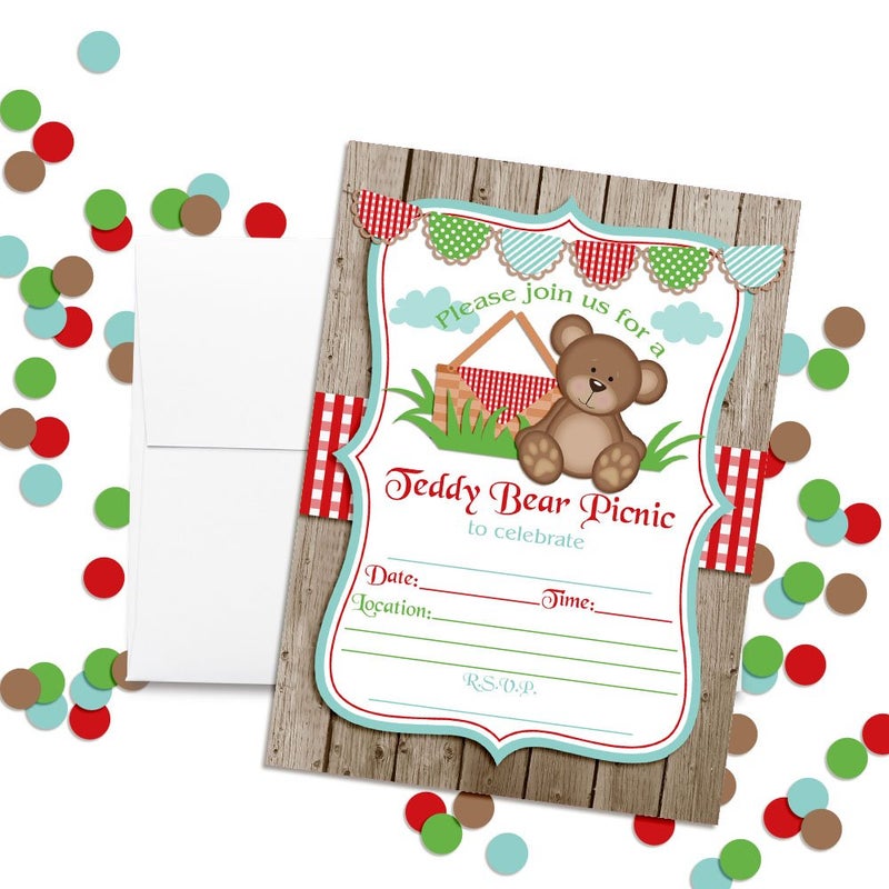 Amanda Creation Teddy Bear Picnic Birthday Party Invitations, 20 5x7 Fill In Cards with Twenty White Envelopes by AmandaCreation - Image 2